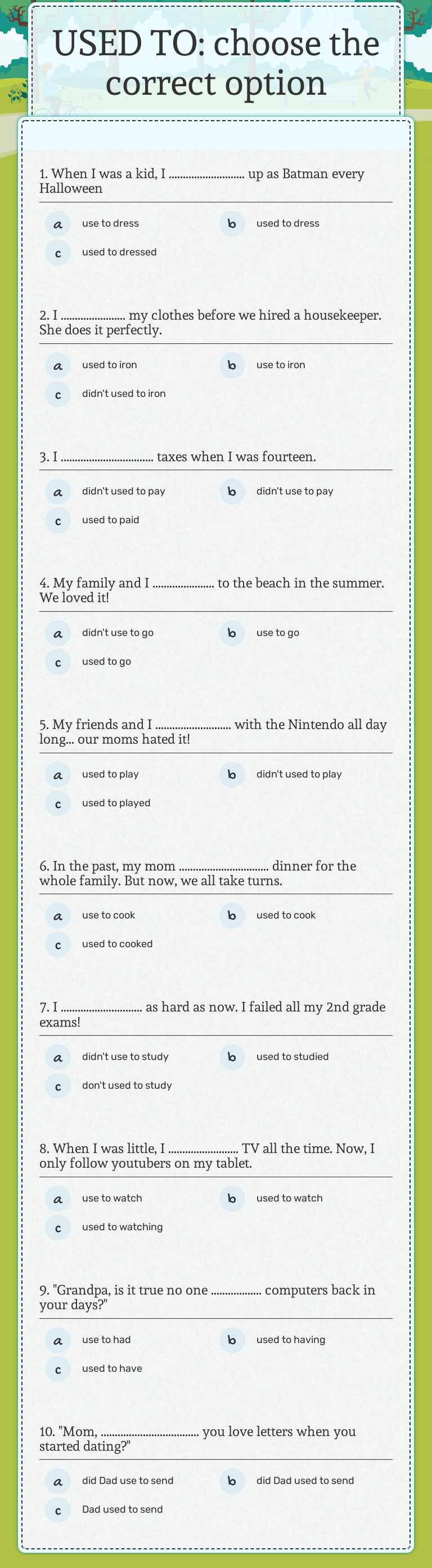USED TO:                  
 choose the correct option Grade 6 worksheet preview