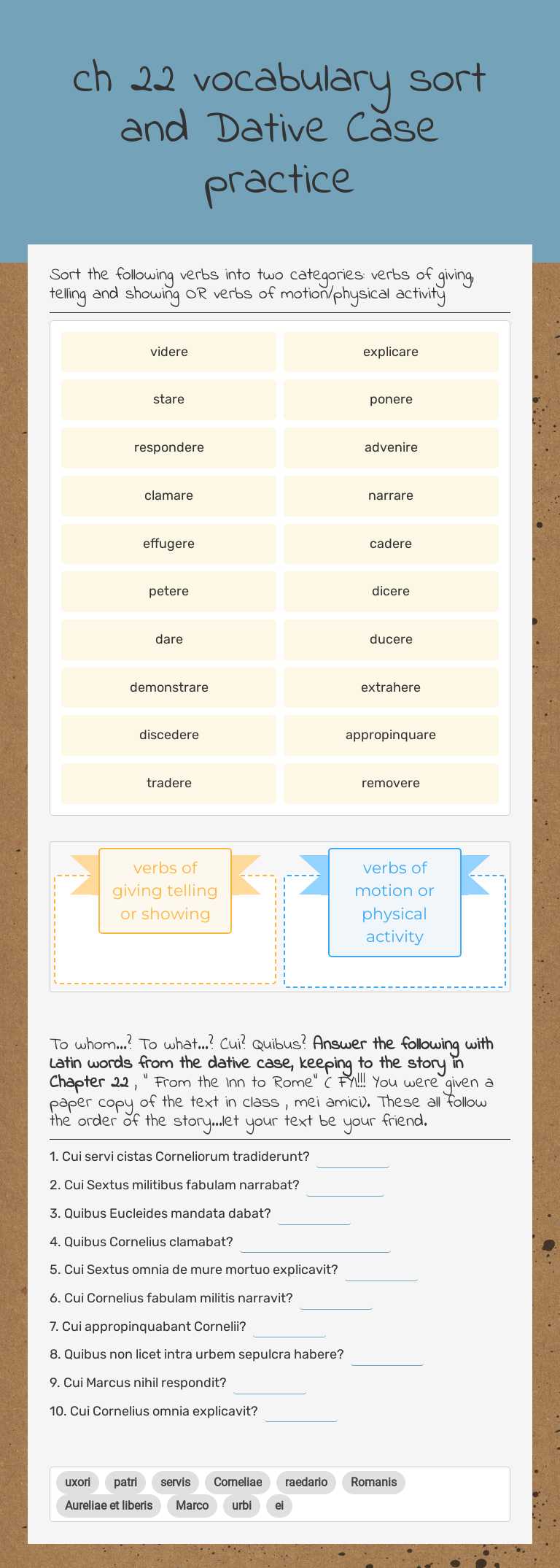 ch 22 vocabulary sort and Dative Case practice worksheet preview image