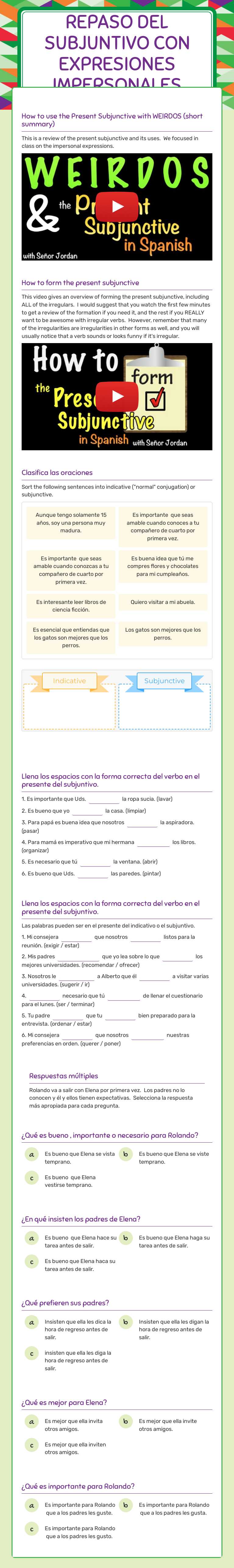 Repaso del Subjuntivo con Expresiones Impersonales worksheet preview image
