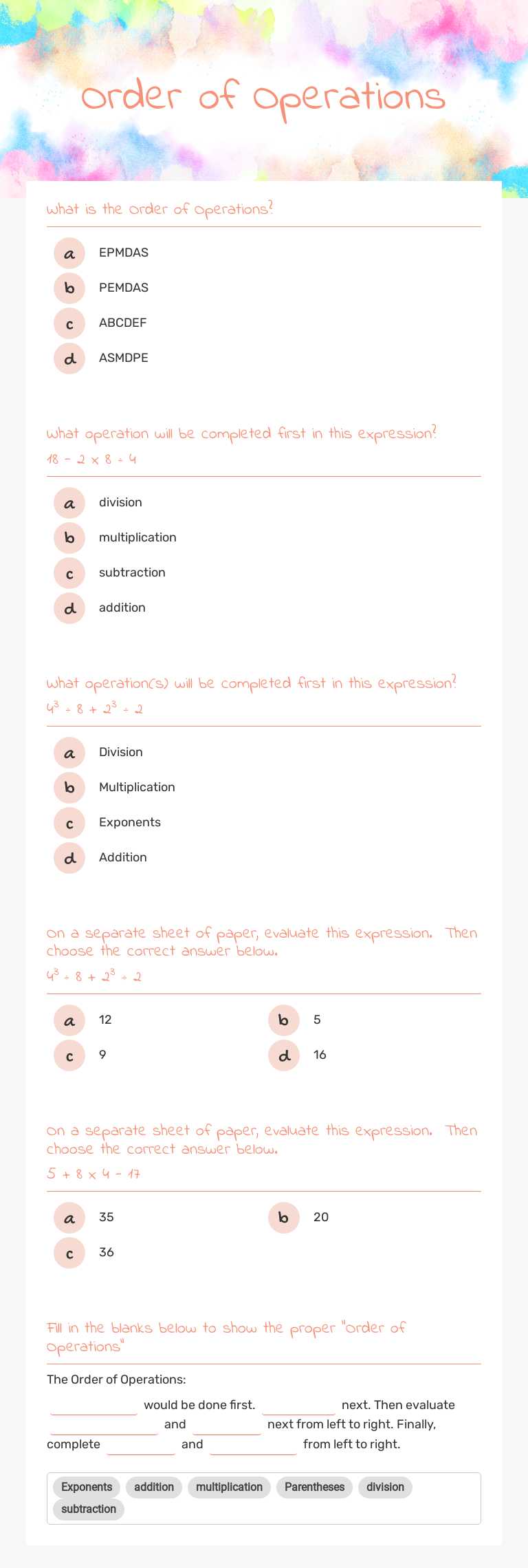 Order of Operations Grade 6 worksheet preview
