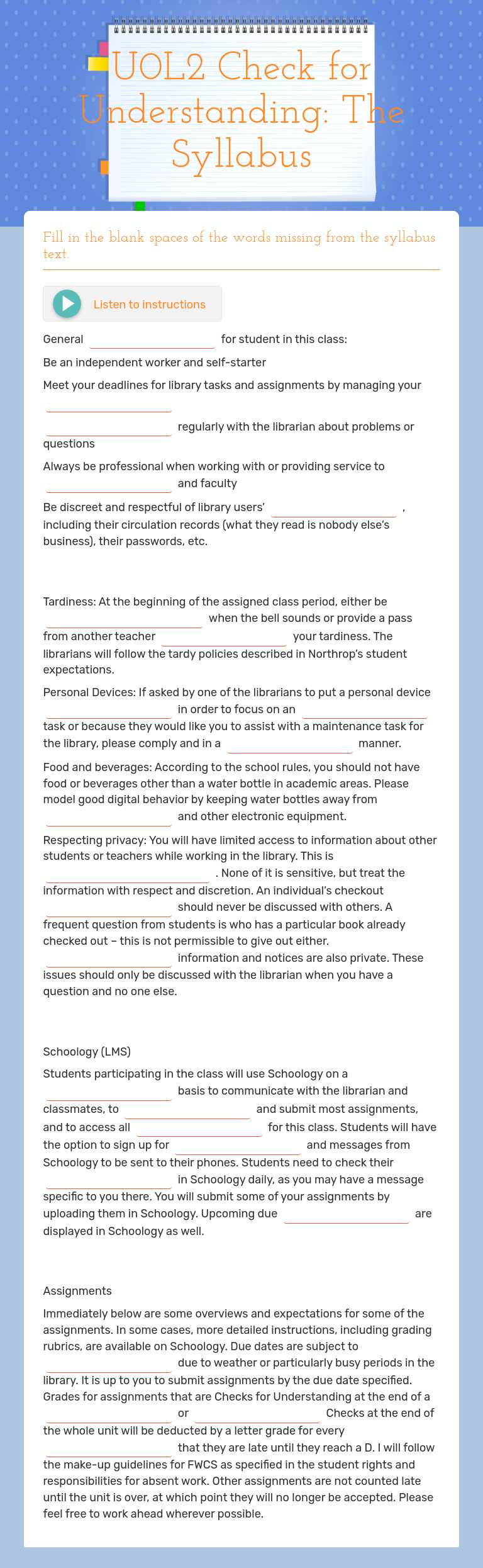 U0L2 Check for Understanding: The Syllabus worksheet preview image