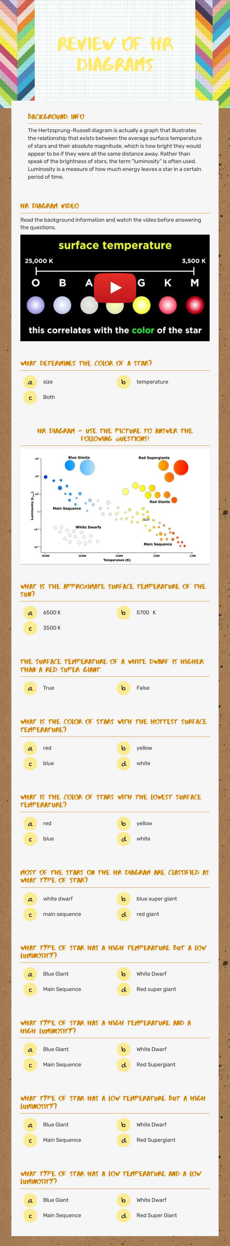 Review of HR Diagrams worksheet preview image