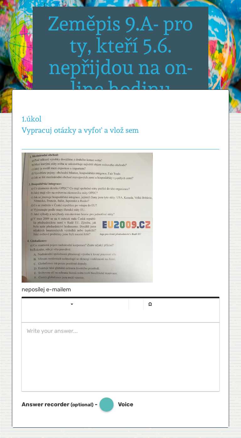 Zeměpis 9.A- pro ty, kteří 5.6. nepřijdou 
na on-line hodinu worksheet preview image