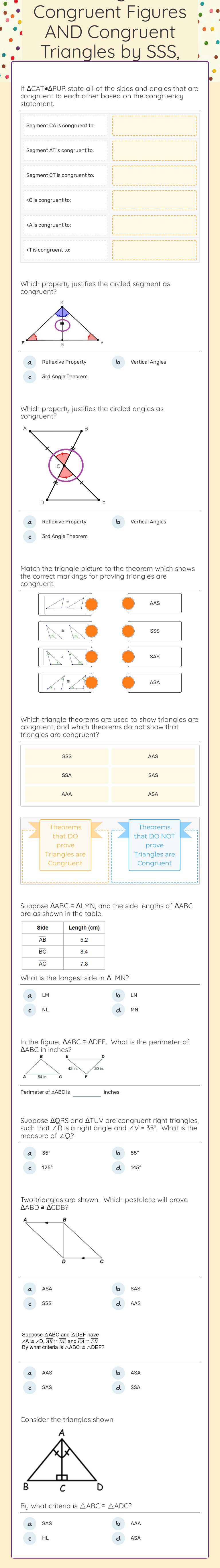 Unit 5 Quiz 1: Congruent Figures AND Congruent Triangles by SSS, SAS, ASA, AAS, and CPCTC Preschool worksheet preview