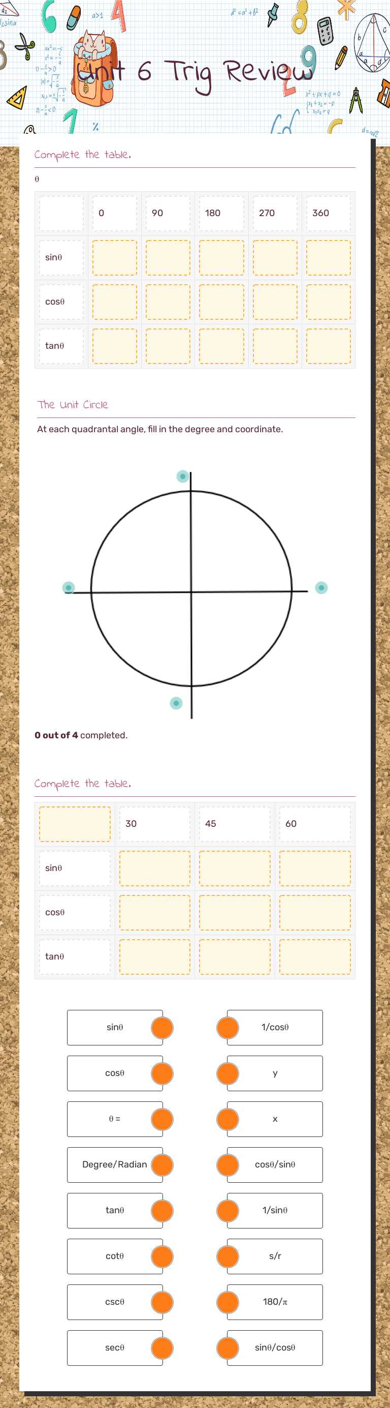 Unit 6 Trig Review worksheet preview image