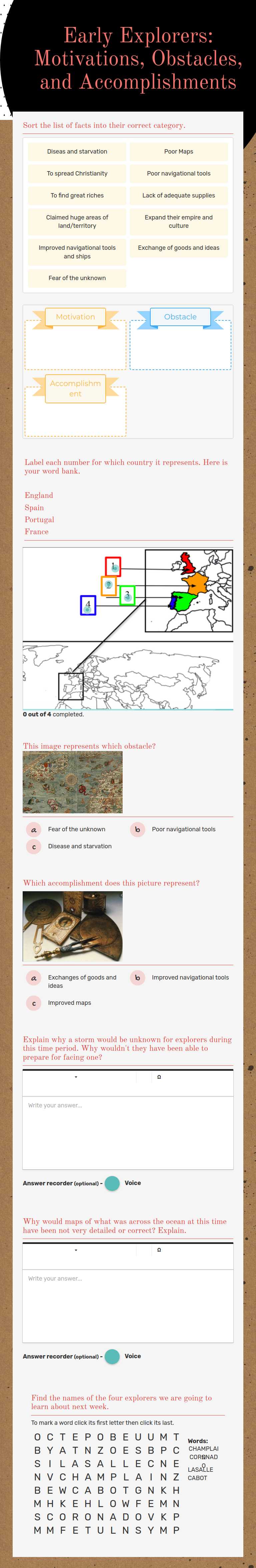 Early Explorers: Motivations, Obstacles, and Accomplishments worksheet preview image