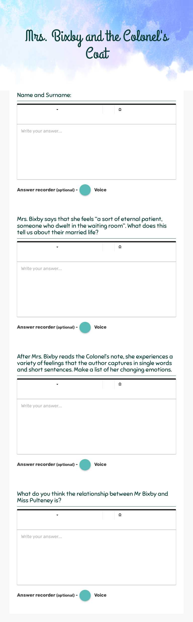Mrs. Bixby and the Colonel's Coat worksheet preview image