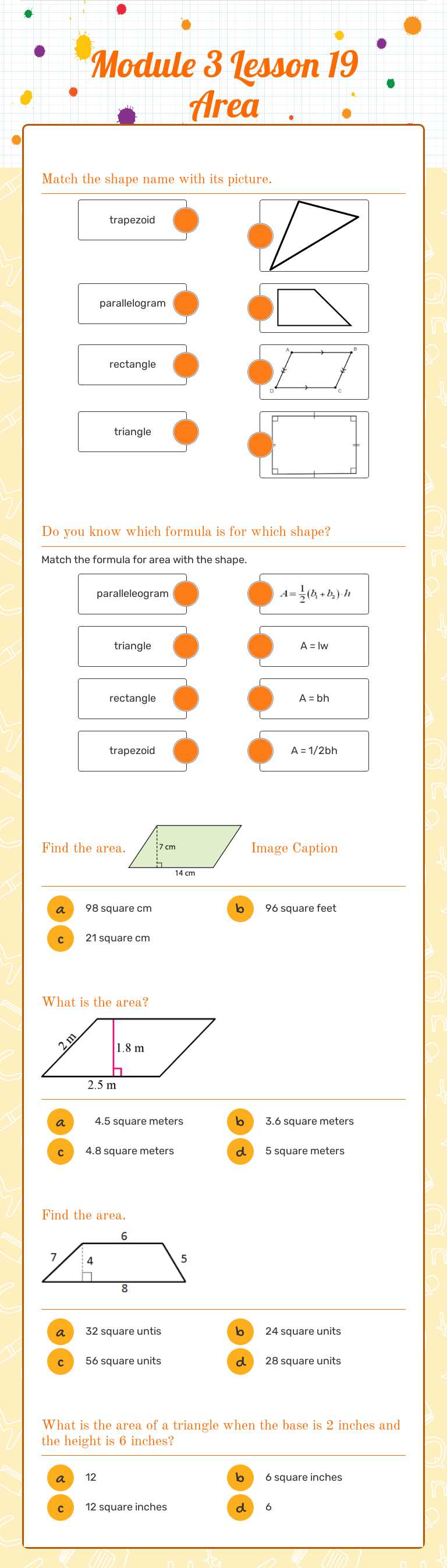 Module 3 Lesson 19 Area worksheet preview image