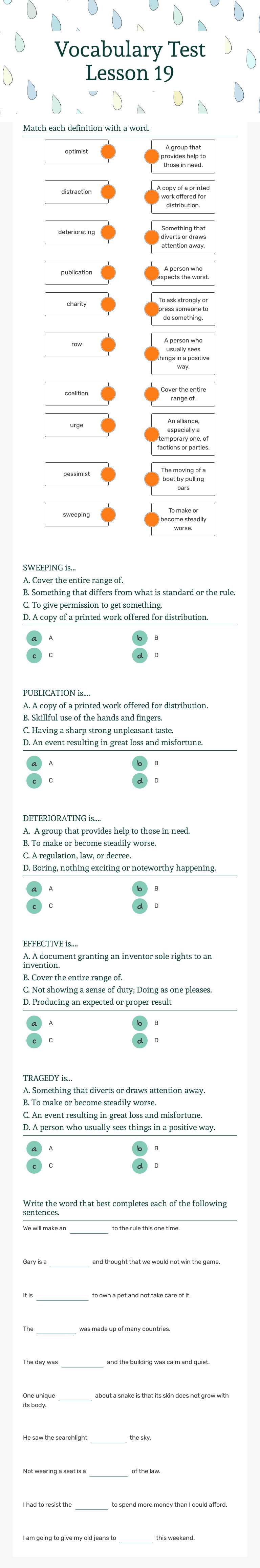 Vocabulary Test Lesson 19 worksheet preview image