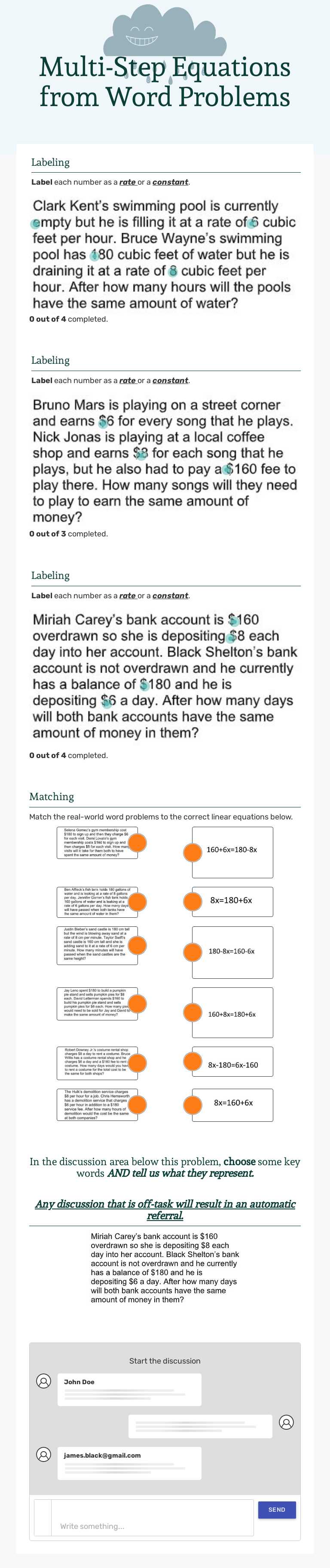 Multi-Step Equations from  Word Problems worksheet preview image