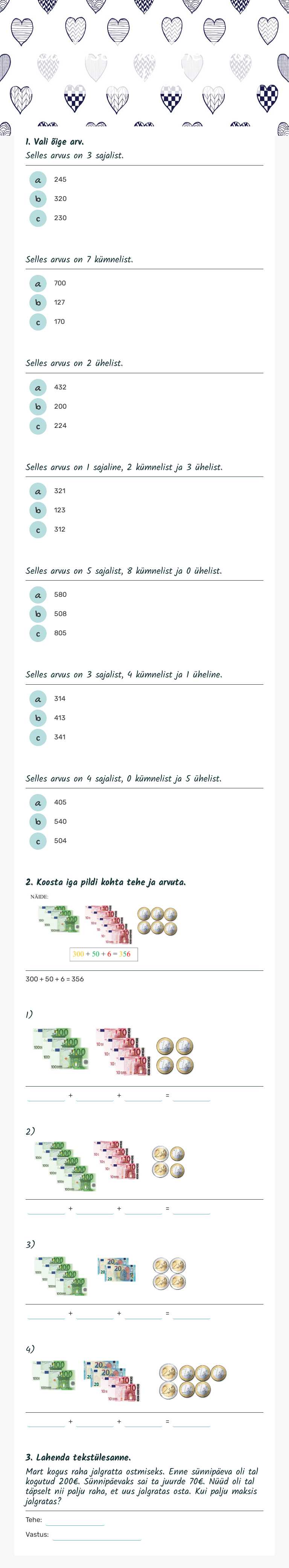 Sajalised, kümnelised, ühelised worksheet preview image
