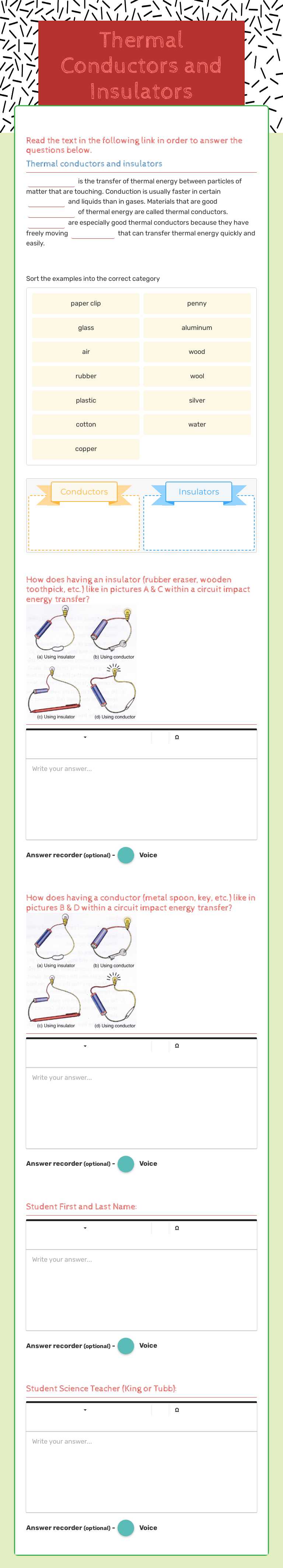Thermal Conductors and Insulators worksheet preview image