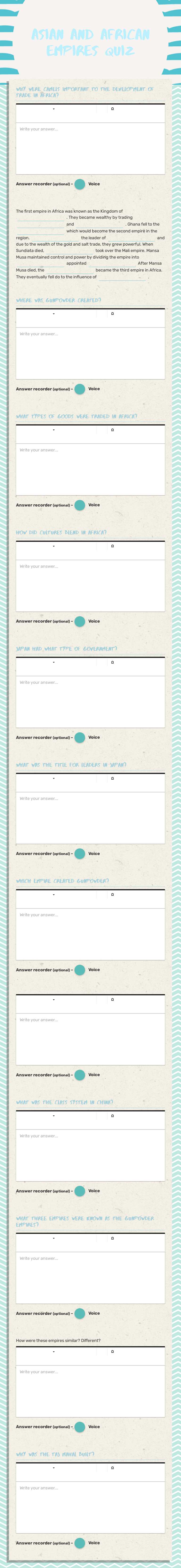 Asian and African Empires Quiz worksheet preview image