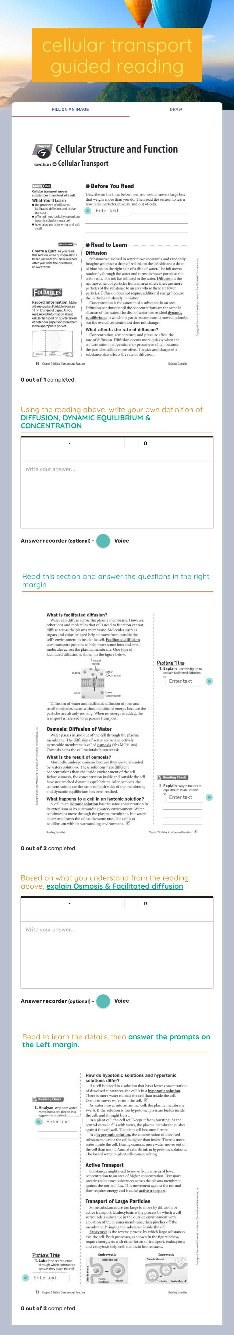 cellular transport guided reading worksheet preview image