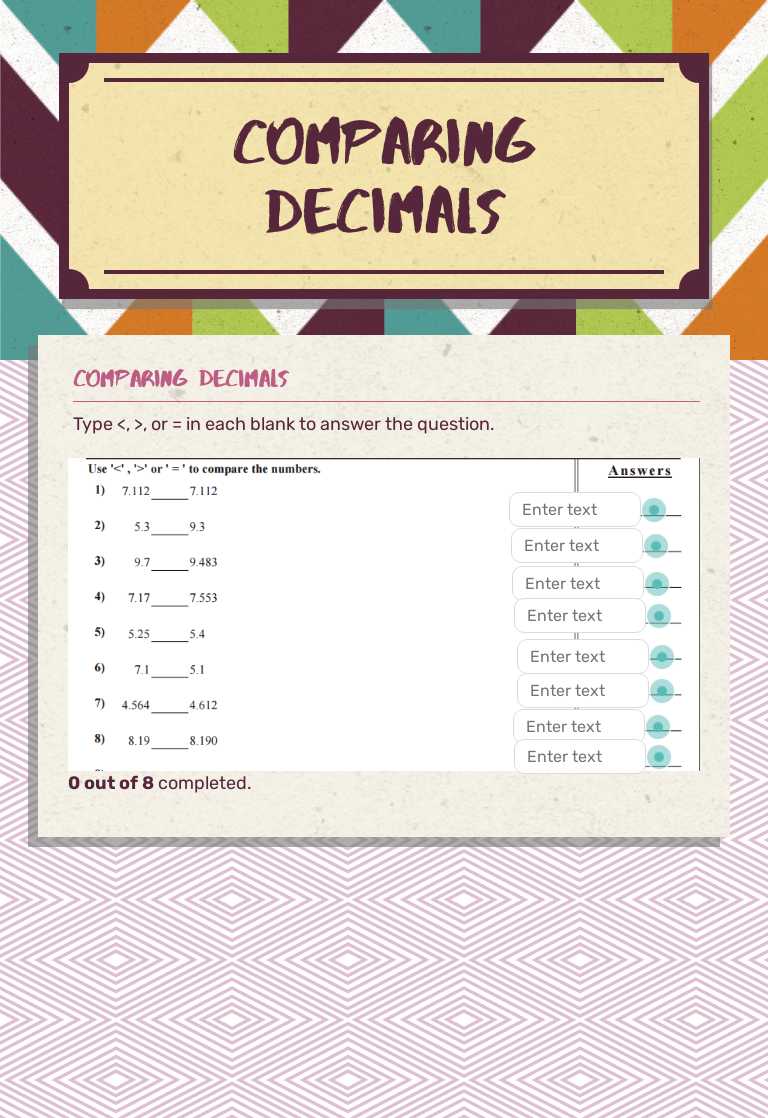 Comparing decimals Grade 5 worksheet preview