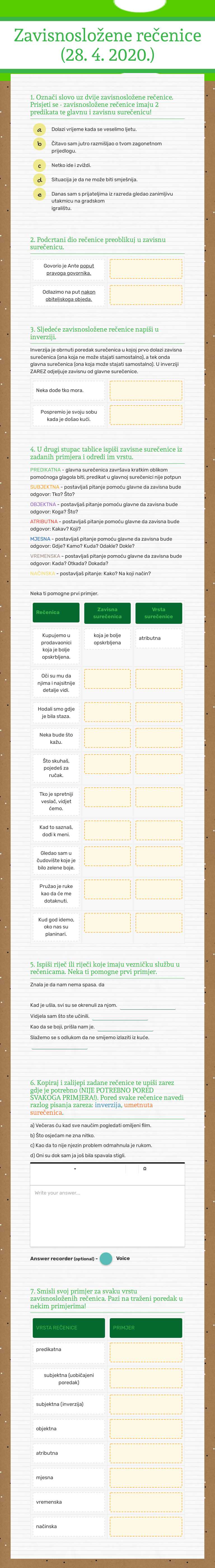 Zavisnosložene 
rečenice (28. 4. 2020.) Grade 7 worksheet preview