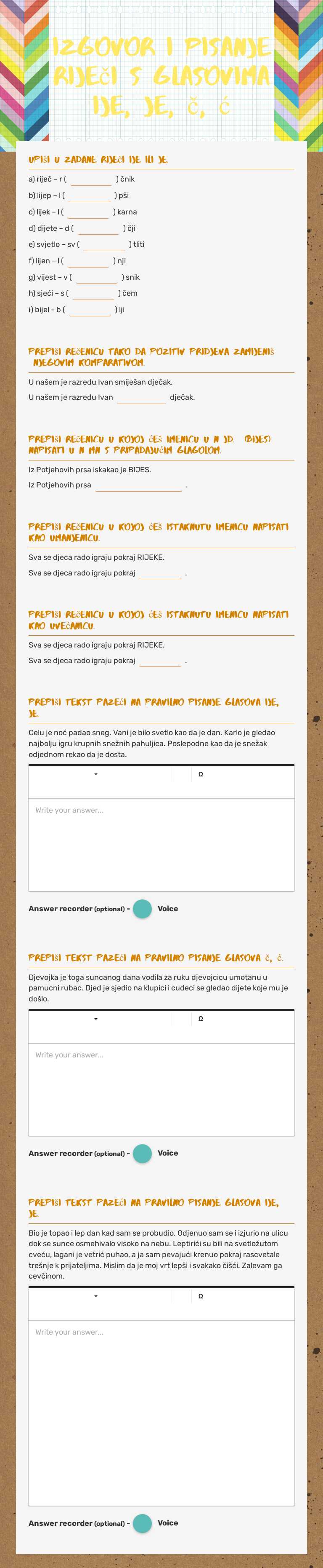 Izgovor i pisanje riječi s glasovima ije, je, č, ć worksheet preview image