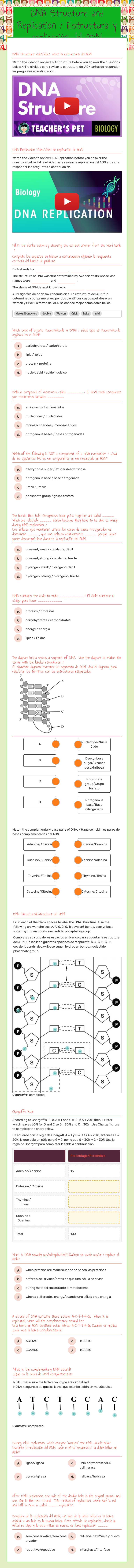 DNA Structure and Replication / Estructura y replicación del ADN worksheet preview image