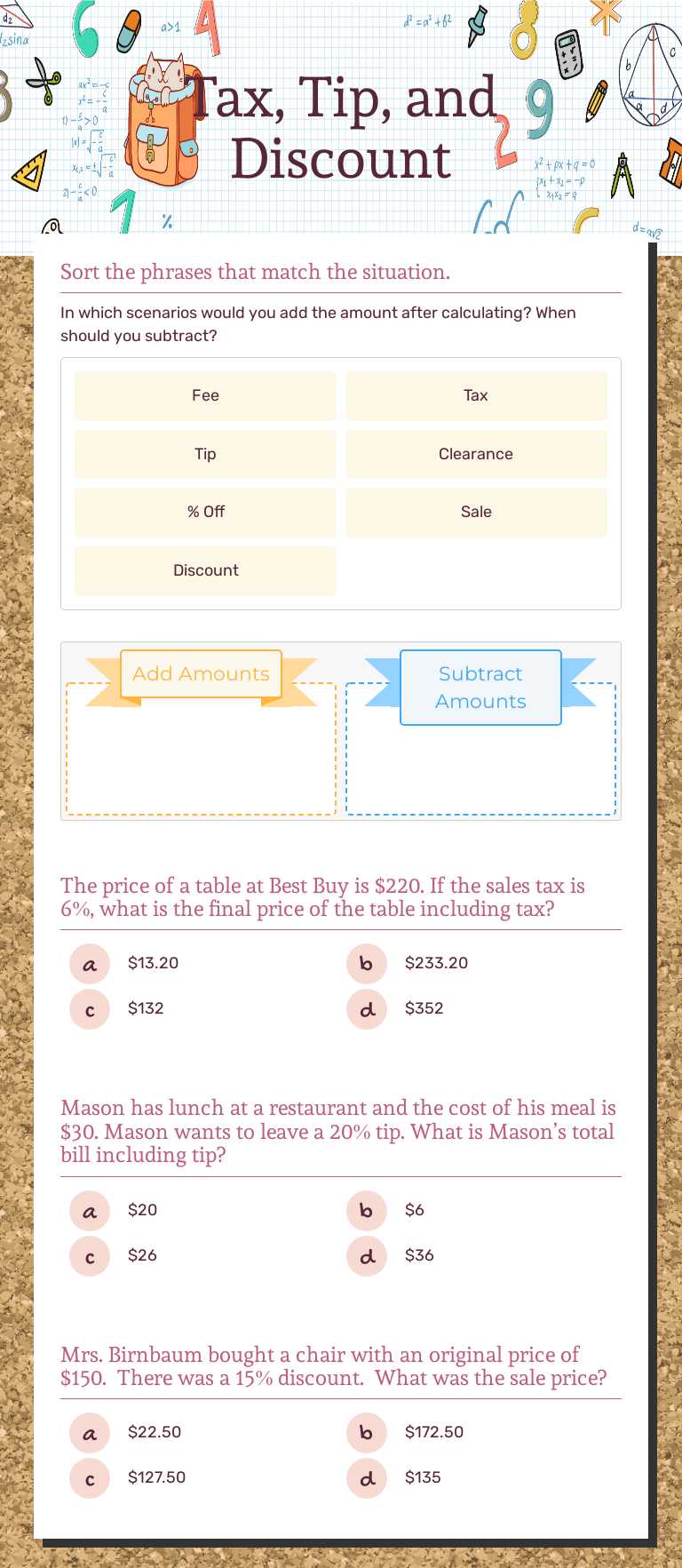 Tax, Tip, and Discount worksheet preview image