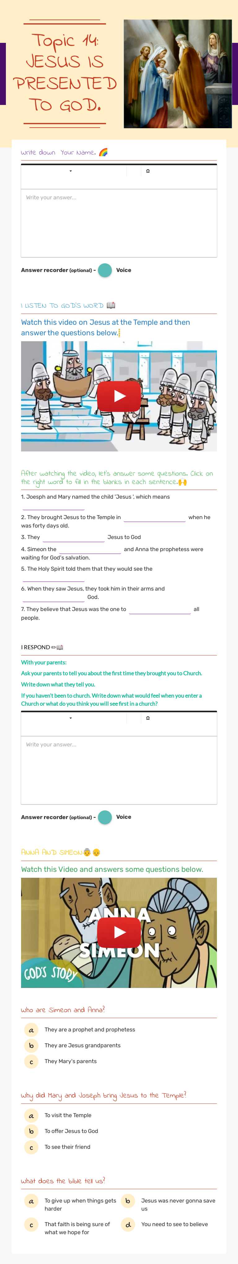 Topic 14: JESUS IS PRESENTED TO GOD. worksheet preview image