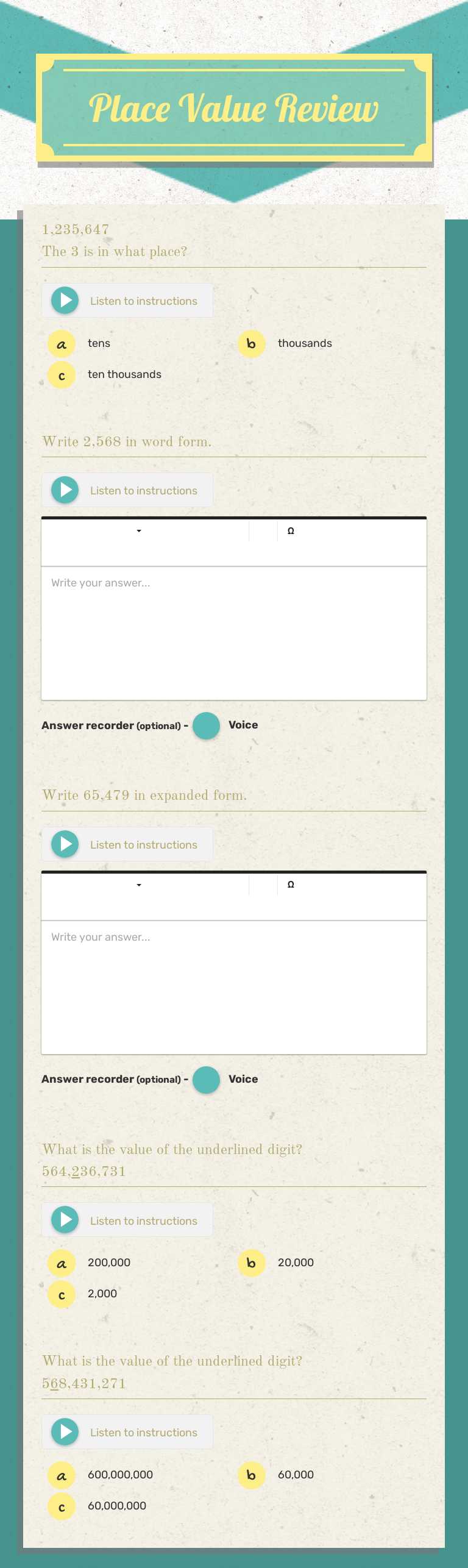 Place Value Review worksheet preview image