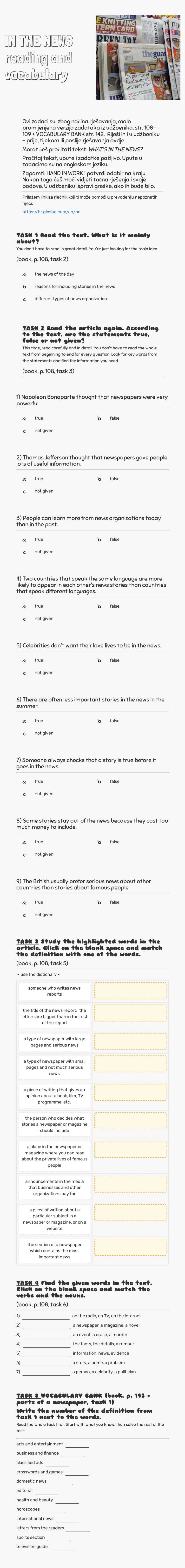 IN THE NEWS  reading and vocabulary Other worksheet preview