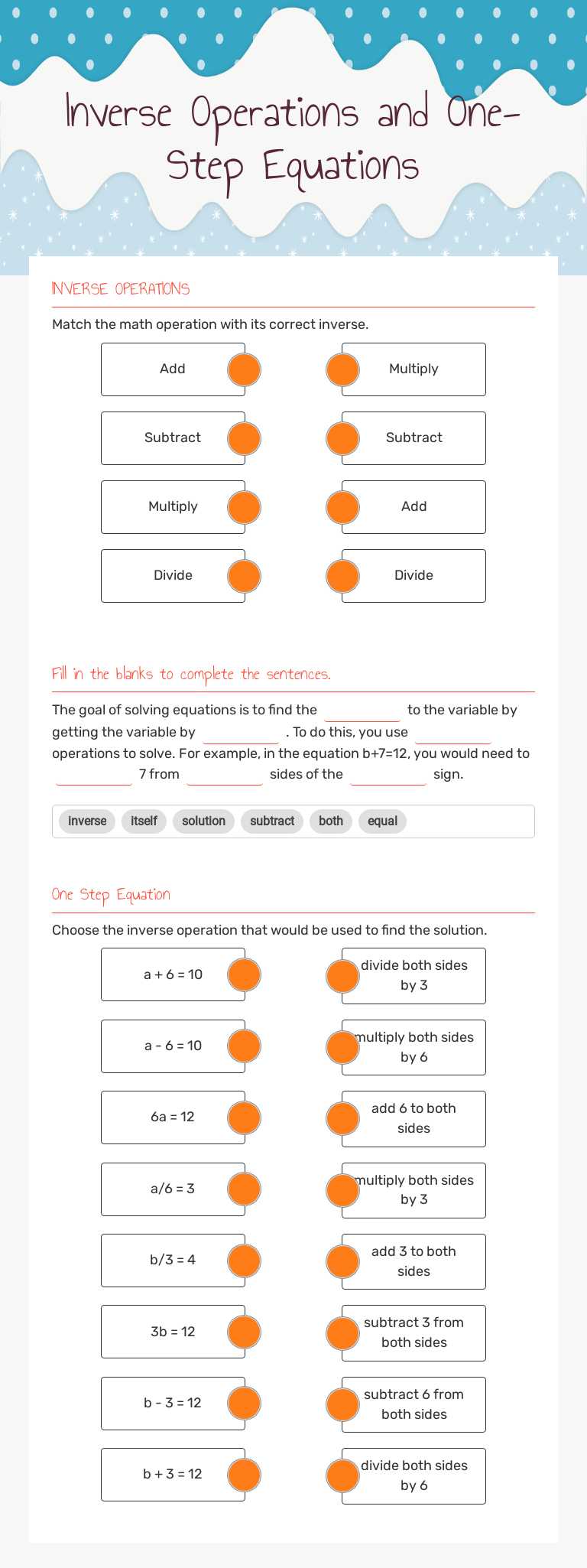 Inverse Operations and     One-Step Equations worksheet preview image
