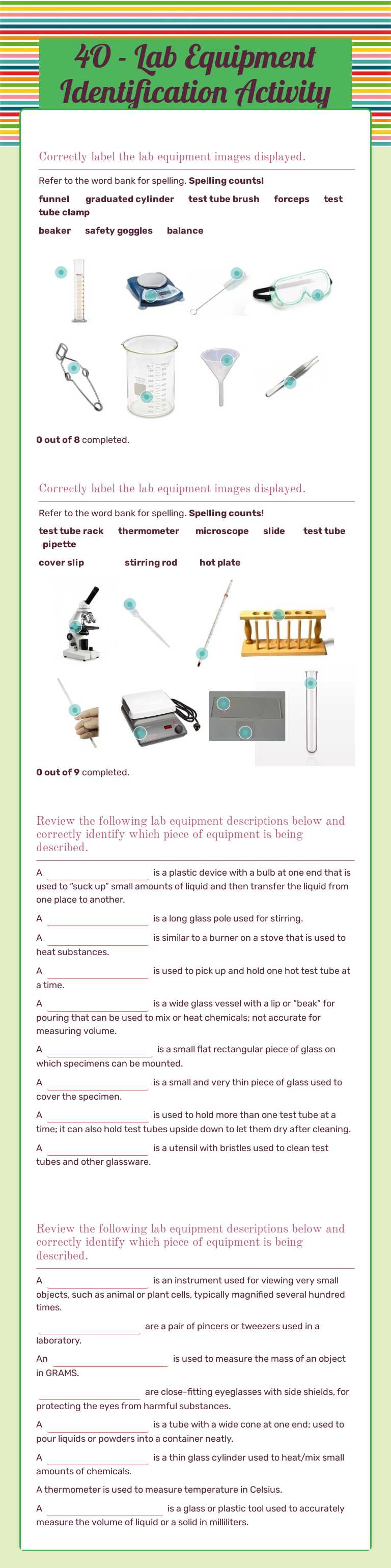 4O - Lab Equipment Identification Activity Grade 9 worksheet preview
