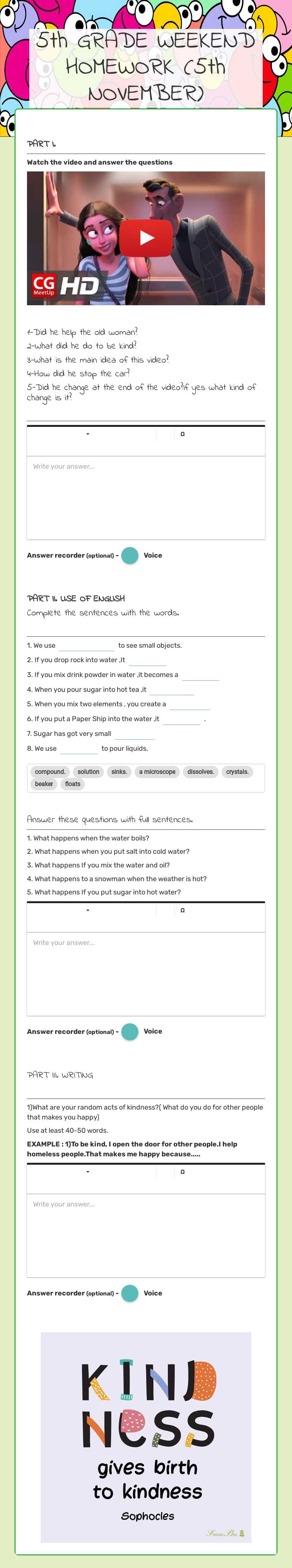 5th GRADE HOMEWORK for THE SHORT BREAK (11th NOVEMBER) worksheet preview