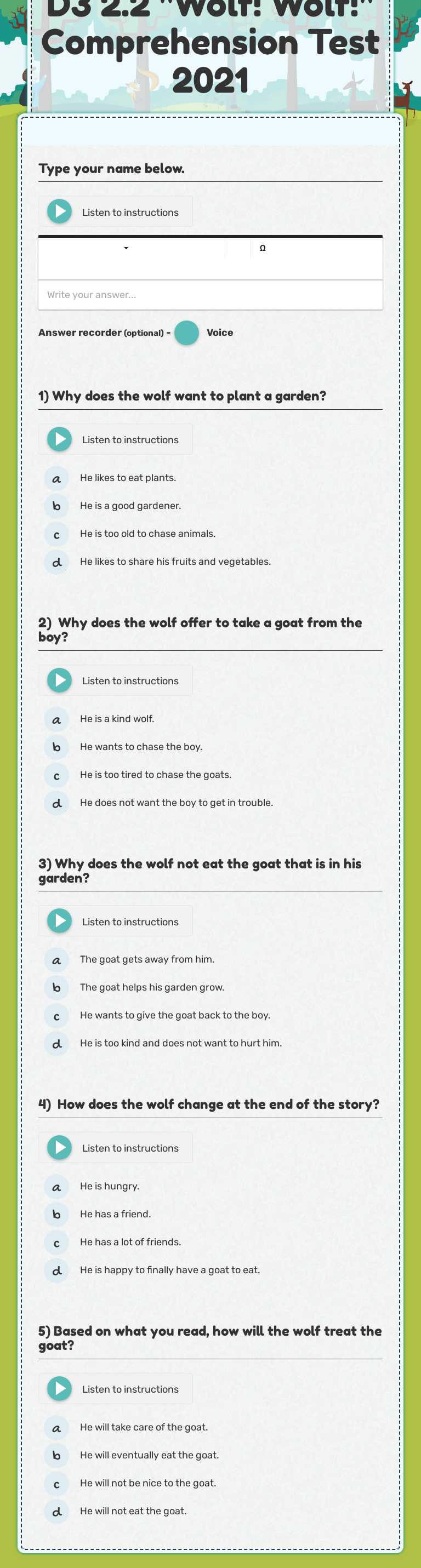 D3 2.2 "Wolf! Wolf!" Comprehension Test 2022 worksheet preview image