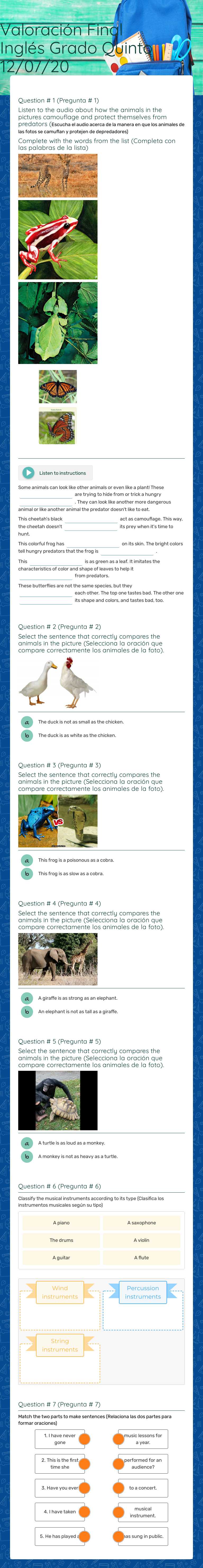 Valoración Final Inglés Grado Quinto 12/07/20 Grade 5 worksheet preview