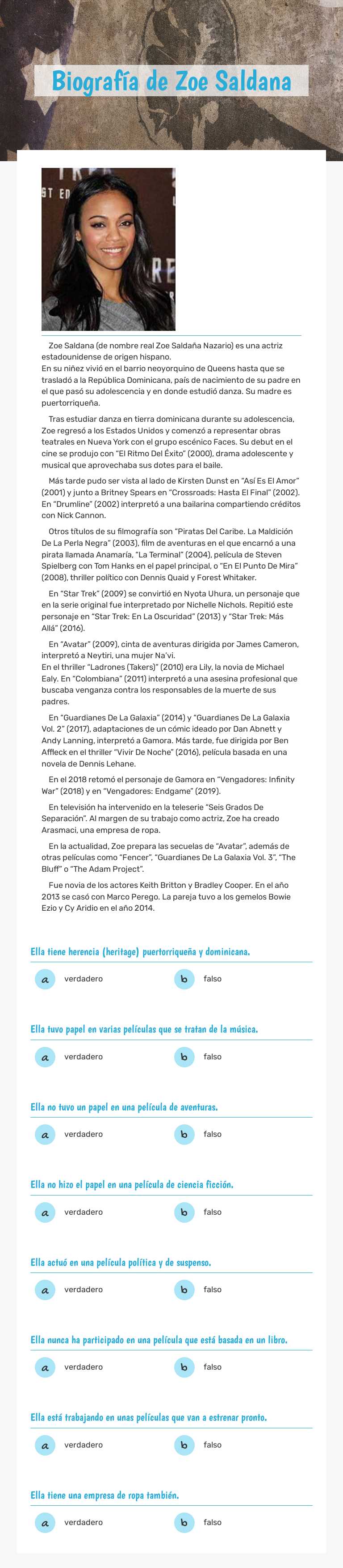 Biografía de Zoe Saldana worksheet preview image