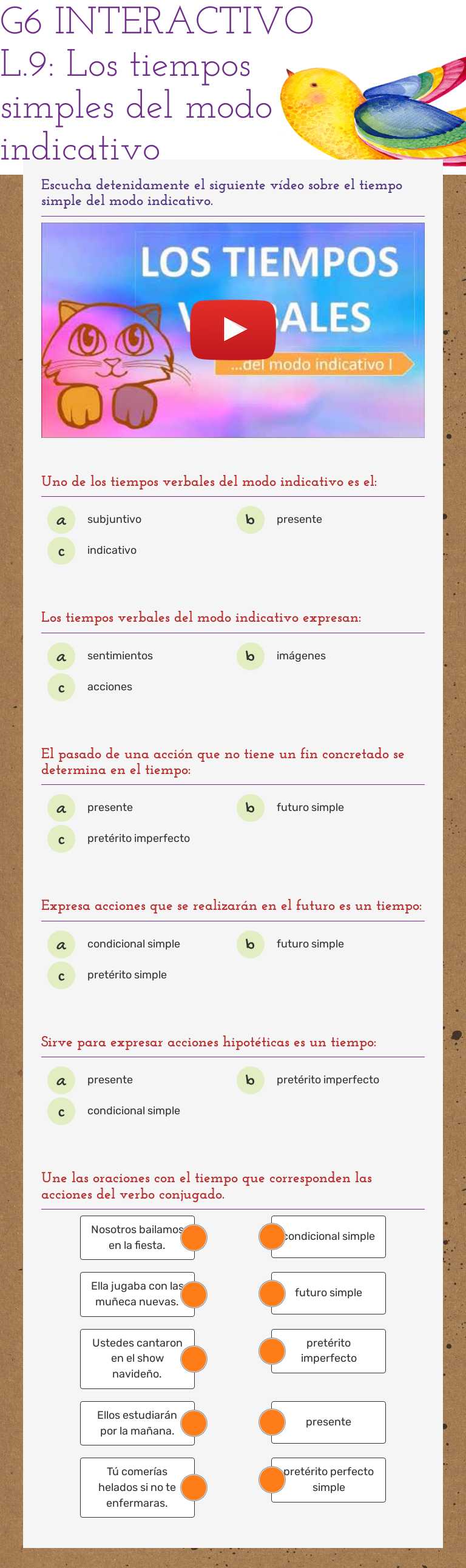 G6 INTERACTIVO L.9: Los tiempos simples del modo indicativo worksheet preview image