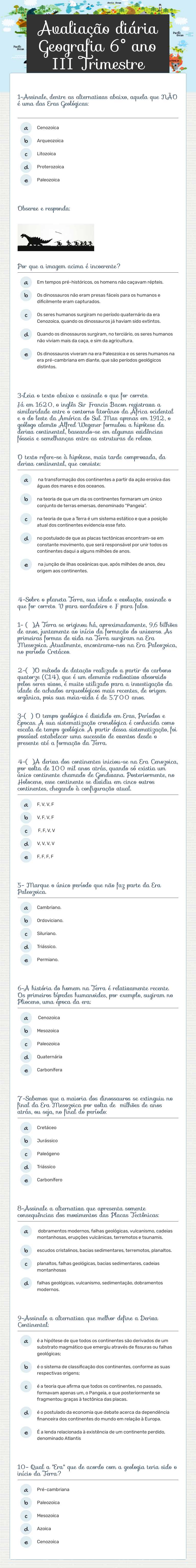 Avaliação diária Geografia 6° ano III Trimestre worksheet preview image