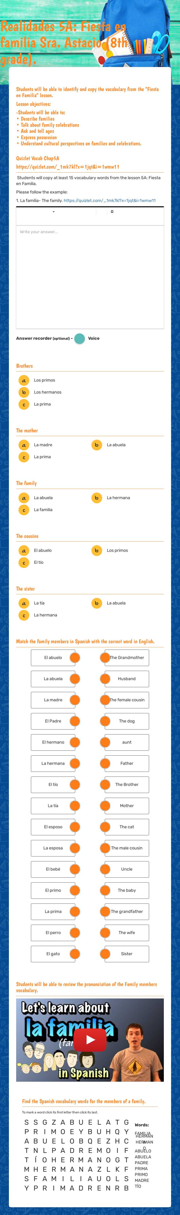 Realidades 5A: Fiesta en familia     Sra. Astacio (8th grade). Grade 8 worksheet preview