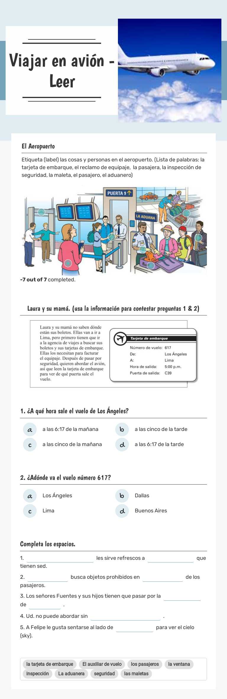 Viajar en avión - Leer worksheet preview image
