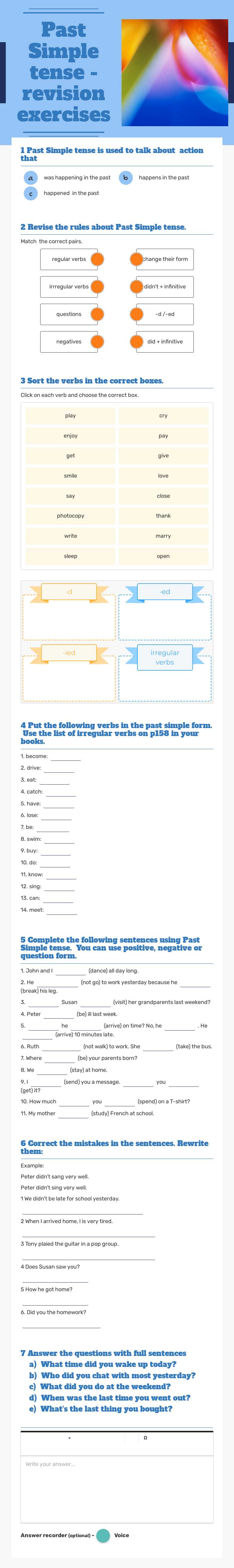 Past Simple tense -revision exercises worksheet preview image