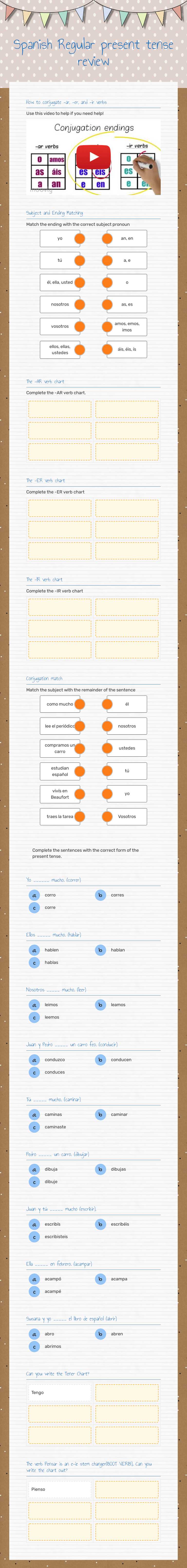 Spanish Regular present tense review Grade 9 worksheet preview