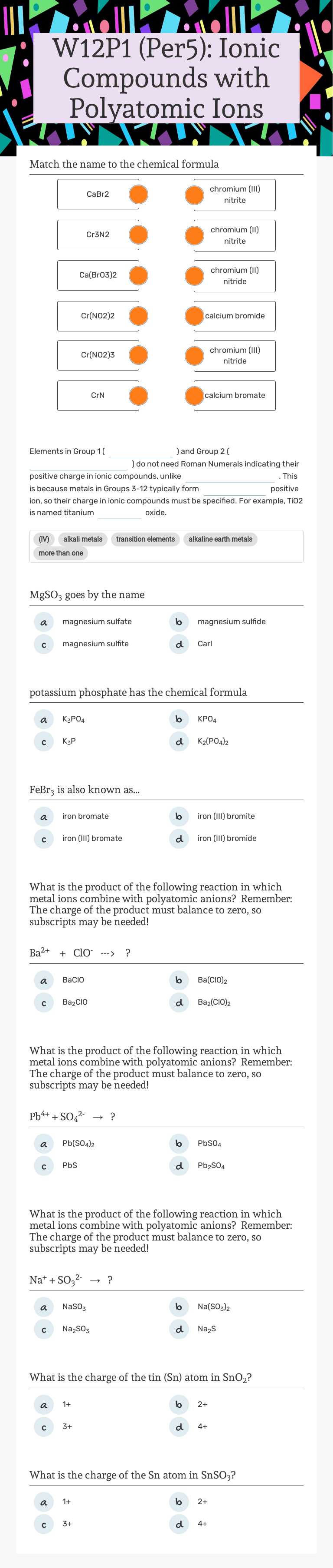 W12P1 (Per5): Ionic Compounds with Polyatomic Ions worksheet preview image