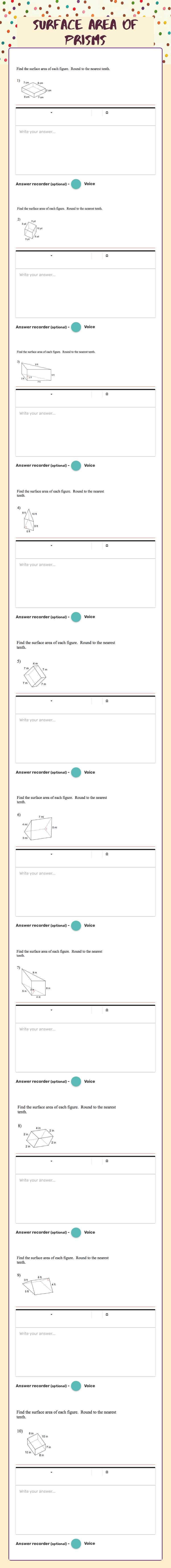 SUrface Area of Prisms Grade 7 worksheet preview