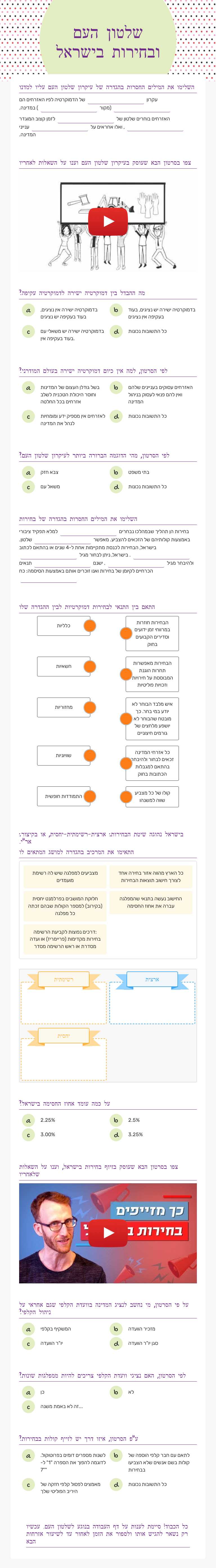 שלטון העם ובחירות בישראל worksheet preview image