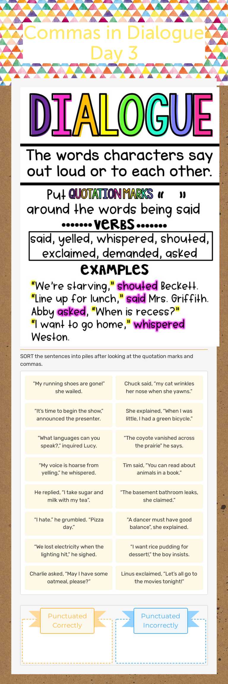 Commas in Dialogue Day 3 Grade 8 worksheet preview