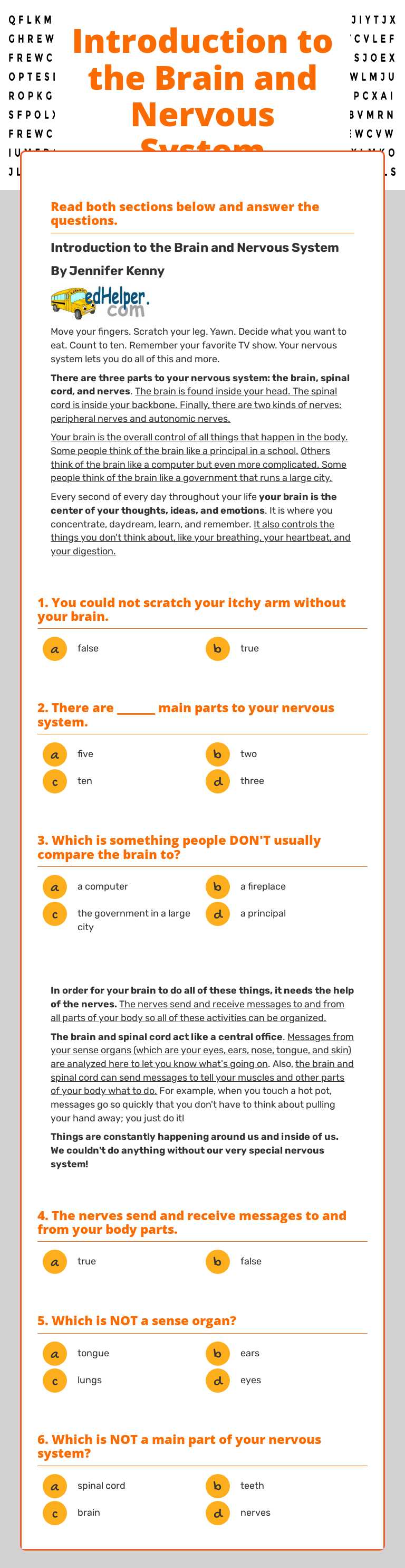 Introduction to the Brain and Nervous System Grade 5 worksheet preview