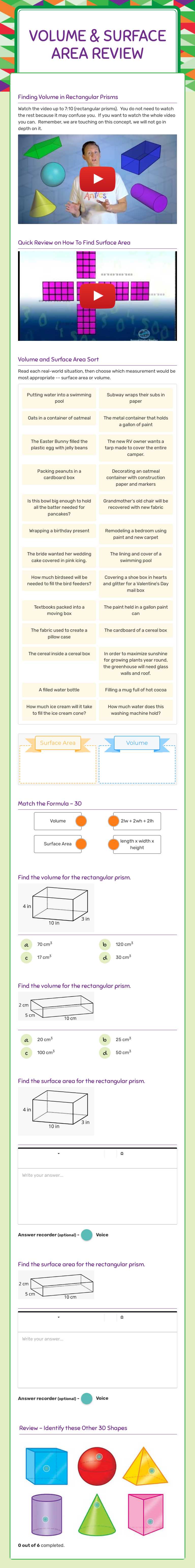 Volume & Surface Area Review worksheet preview image