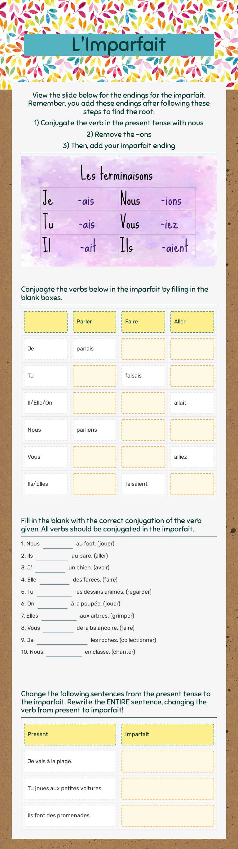 L'Imparfait worksheet preview image