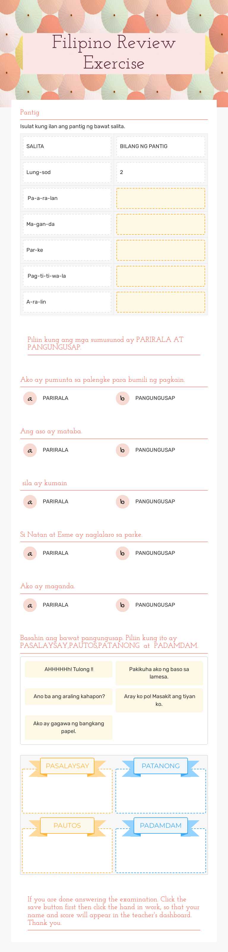 Filipino Review Exercise worksheet preview image