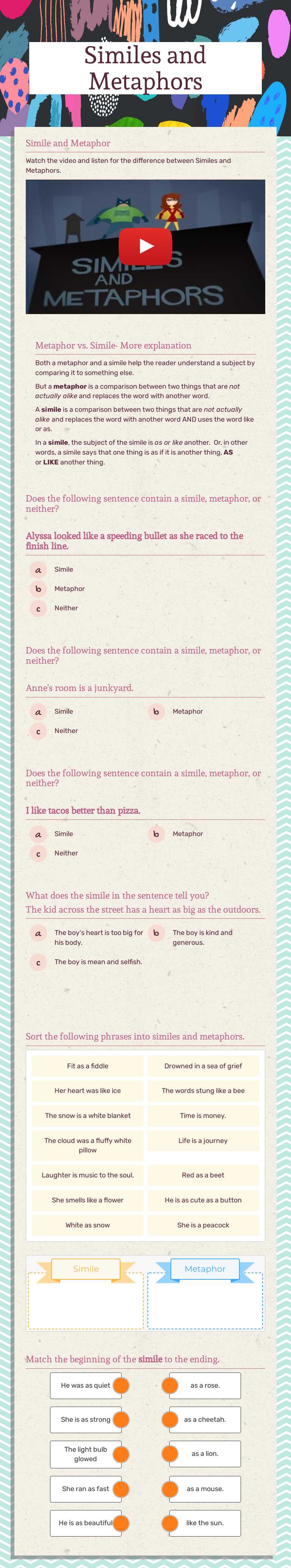 Similes and Metaphors worksheet preview image