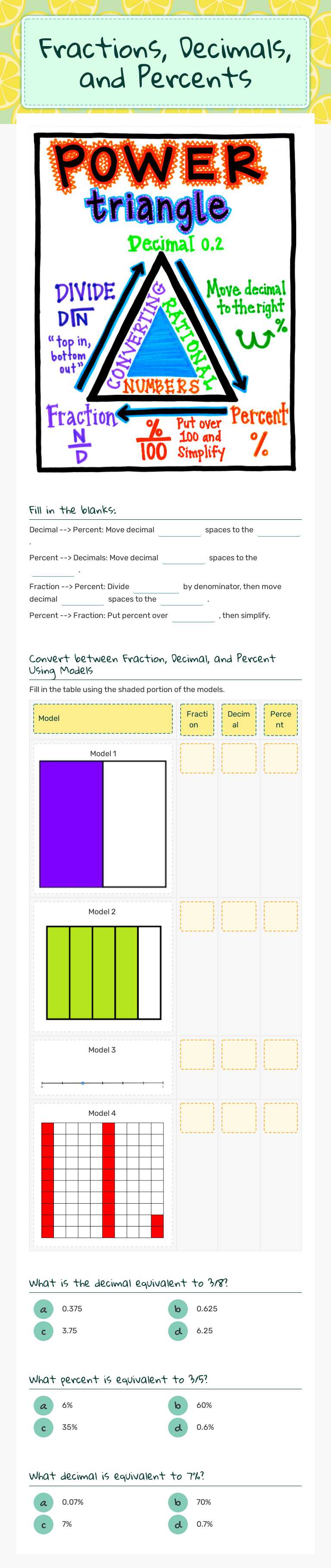 Fractions, Decimals, and Percents worksheet preview image
