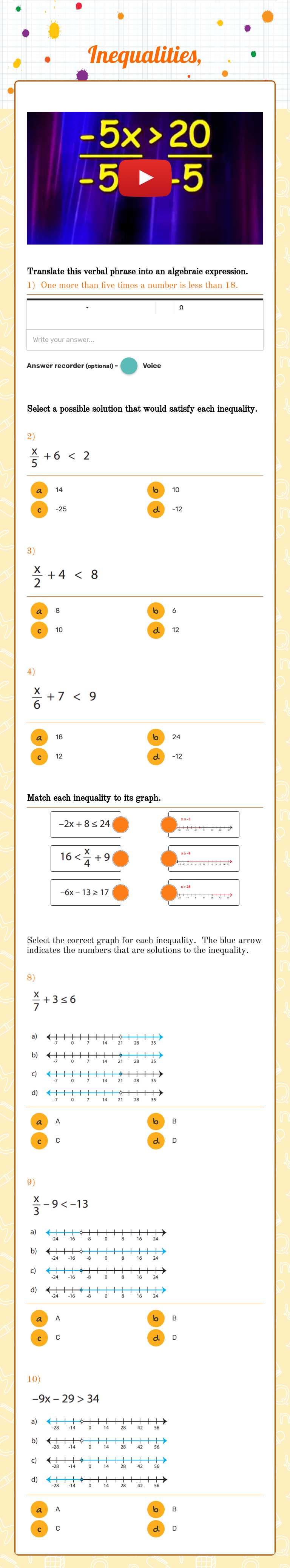 Inequalities, Grade 7 worksheet preview