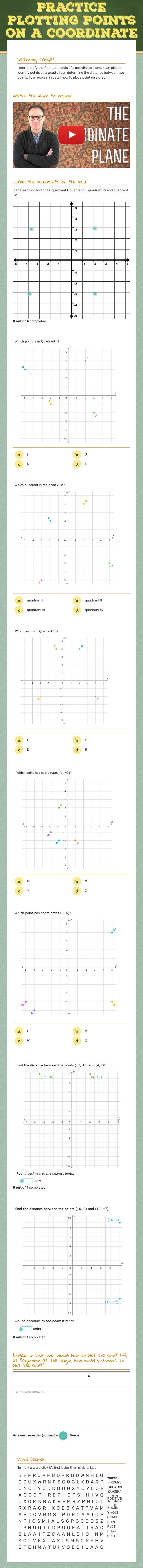 Practice         
 Plotting Points on a coordinate Grid Grade 8 worksheet preview
